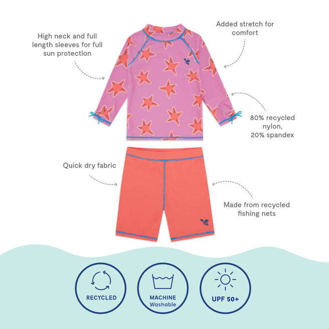 UV Protective Surf Set Pink Starfish, a two piece swimwear set with a pink starfish top and orange shorts. Recycled and UPF 50+.